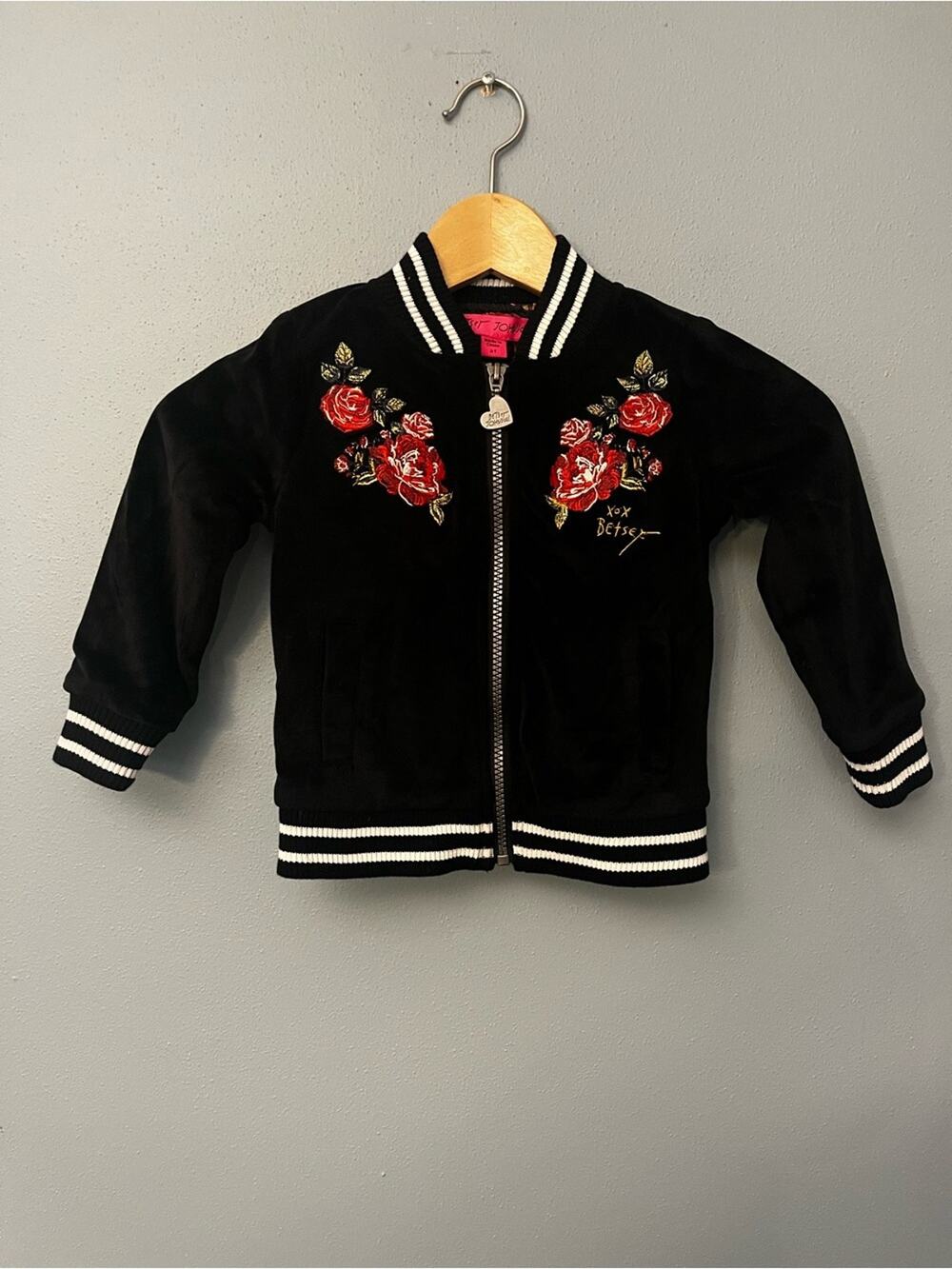 Betsey Johnson Velvet Bomber Jacket with Red Rose Embroidery